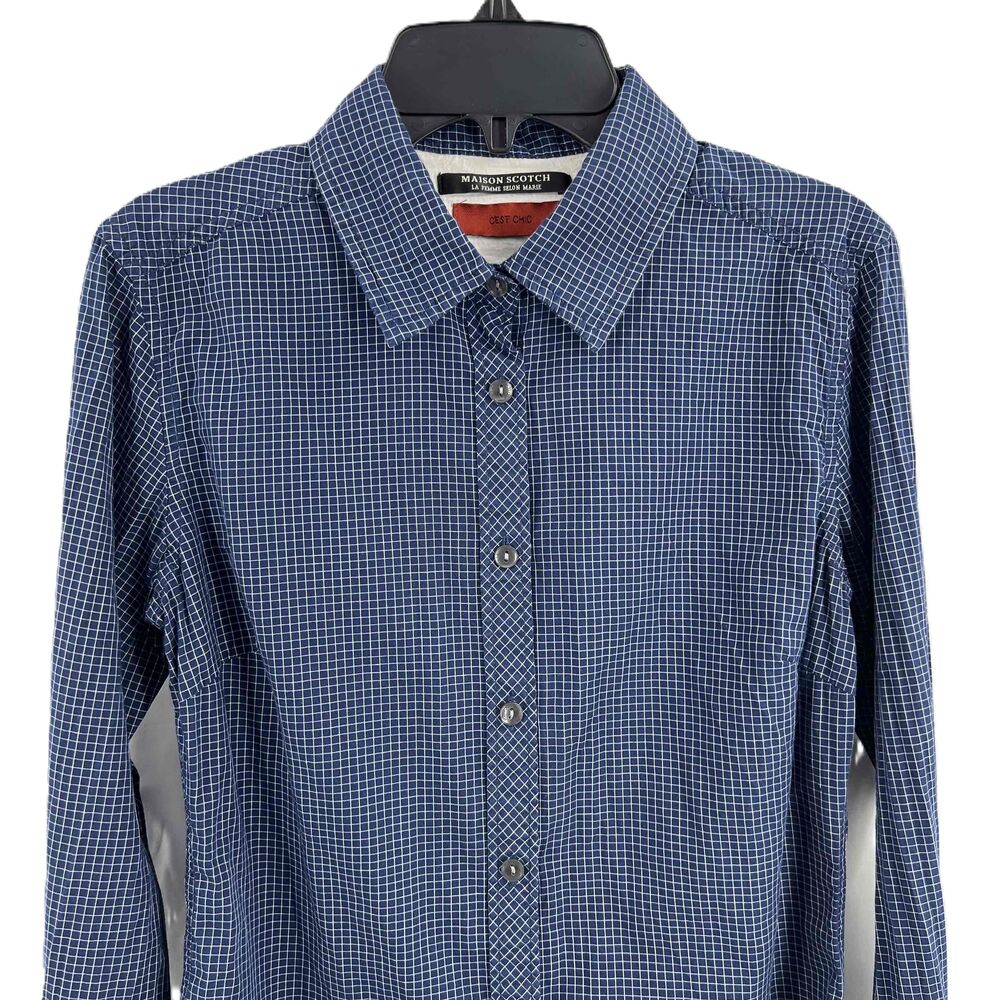 Maison Scotch Blue Long Sleeve Checked Pattern Dress‎ Shirt Women Size 4